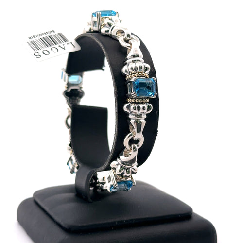 Lagos Glacier Classic Swiss Blue Topaz Bracelet 18k & SIlver, Size Medium