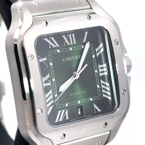 Cartier De Santos Cartier Steel & Green Dial 35.1mm Medium New Watch WSSA0061