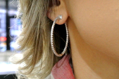 14k White Gold 3.00 CT Diamond Inside Out Hoop Earrings, 9.7gm