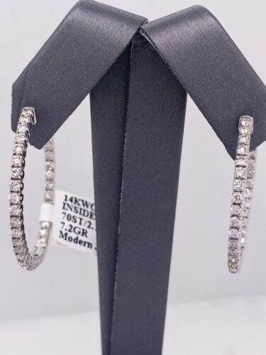 14k White Gold 2.10 CT Diamond Inside Out Hoop Earrings, 7.2g,