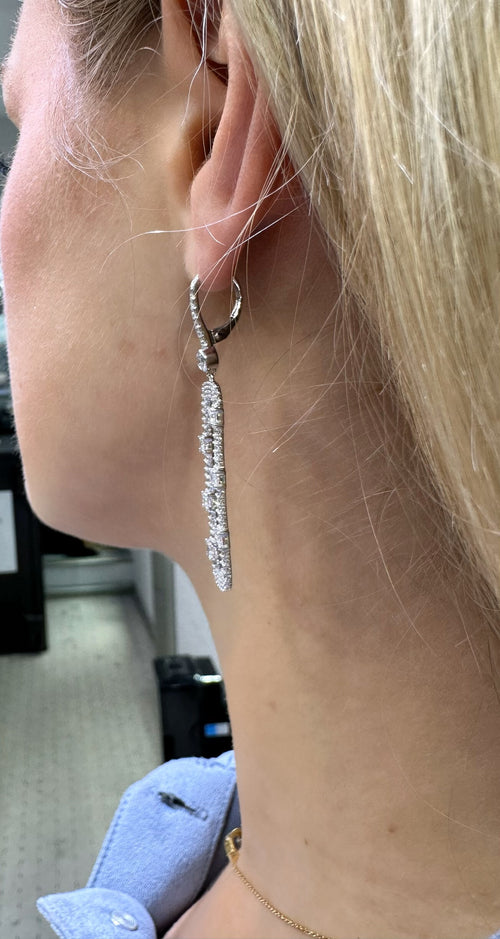 14k White Gold 4.00CT Emerald & Round Cut Diamond Drop Earrings, 7.9g