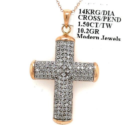 14k Rose Gold 1.50 CT Diamond Cross Pendant, 10.2gm