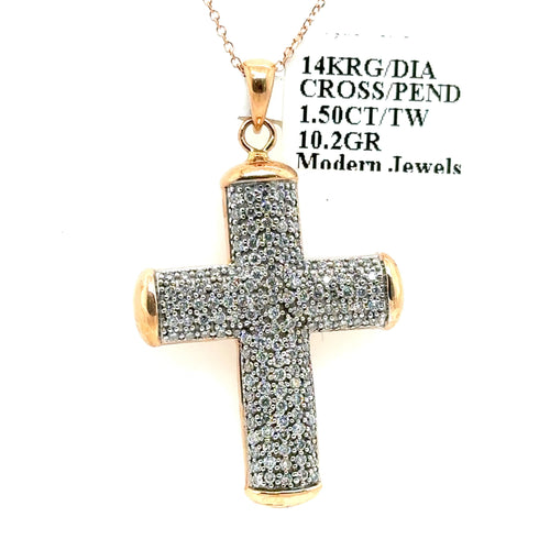 14k Rose Gold 1.50 CT Diamond Cross Pendant, 10.2gm