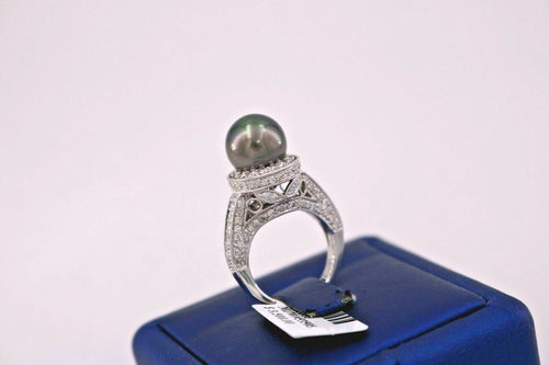 18k White Gold 1.00 CT Diamond & 10mm Black Pearl Ring, S105555