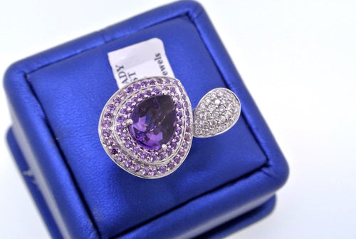 18K White Gold 0.50Ct Diamond & Amethyst Cocktail Ring Size 7.25,