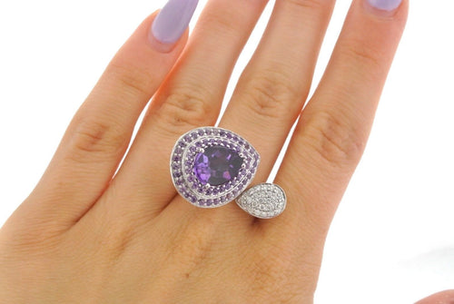 18K White Gold 0.50Ct Diamond & Amethyst Cocktail Ring Size 7.25,